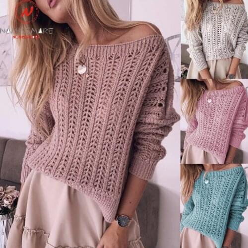 Fashion Women Solid Color Sweaters Hollow Out Design See Through O-Neck Long Sleeve Spring Autumn Slim Pullovers Top