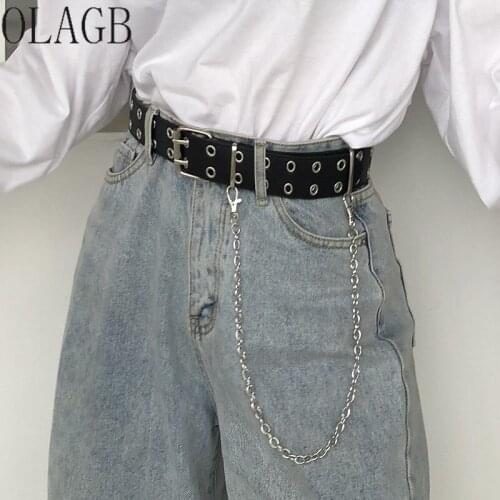 Fashion Harajuku Women Punk Chain Belt Adjustable Black Double Eyelet Grommet Metal Buckle Leather Waistband For Jeans 152