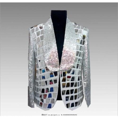 Mens fashion Silver Sequins Light Slim plaid personality Blazer uniform Fashion Punk Nightclub Bar DJ Singers Suit Costumes
