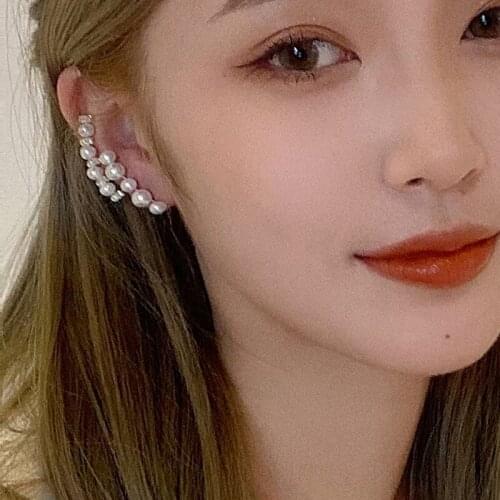 Delicate Gold Color Imitation Pearls Asymmetric Clip Earrings for Women Lady Metal Shiny CZ Zircon Earring Jewellery Pendientes