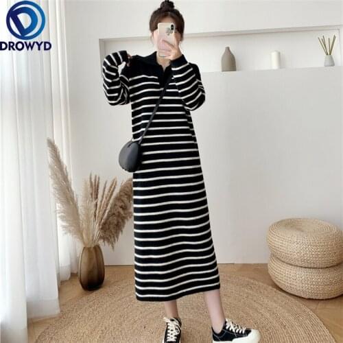 2021 New Autumn and Winter POLO Collar Long Striped Loose Sweater Skirt Bottoming Knitted Dress Women Stretch Pullover Dresses