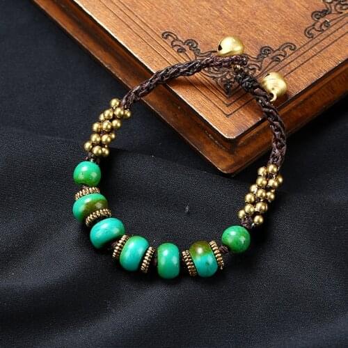 New Original Ethnic Style Turquoise Wax Rope Braided Female Bracelet Retro Small Fresh Handmade DIY Hand-knitted Female Bangle