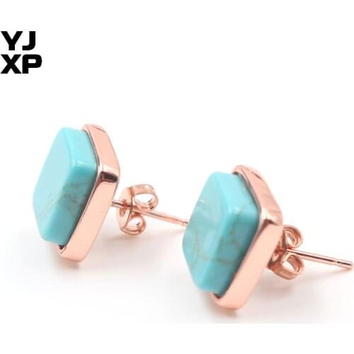 YJXP Rose Gold Color Square Shape Green Turquoises Stone Stud Earrings For Women Jewelry