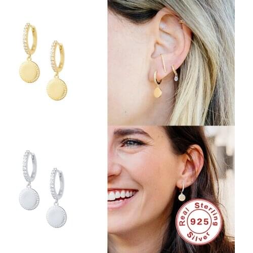 GS 925 Sterling Silver Hoop Earrings With Cubic Zirconia Round Disc Circle Charm Dangle Drop Earring Gold Color For Women