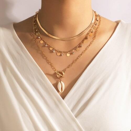 Docona Trendy Sequins Crystal Tassel Clavicle Chain for Women Bohemian Shell Layered Necklace Female Party Jewelry Collar 18106