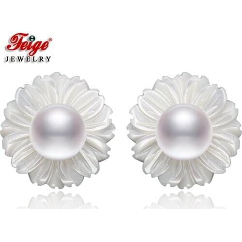 FEIGE 6-7mm Shell Setting Natural Pearls Earrings 925 Silver Stud Earrings for Women Excellent Flawless Pearls Jewelry Earrings