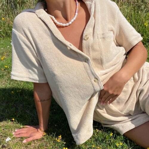 Two Piece Women Set Casual Outfits Towel Loose Short Sleeve Shirt with Pocket + Mini Loose Shorts Tracksuit Suit Lounge Wear