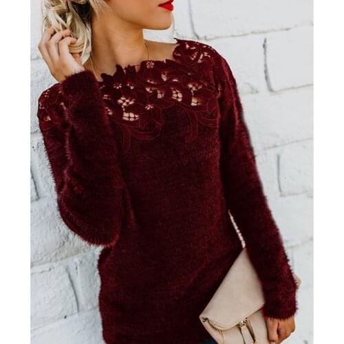 2021 New Women Spring Lace Patchwork Sweater Elegant Hollow Out Slash Neck Sweater Casual Fleece Knitted Pullover Women Tops