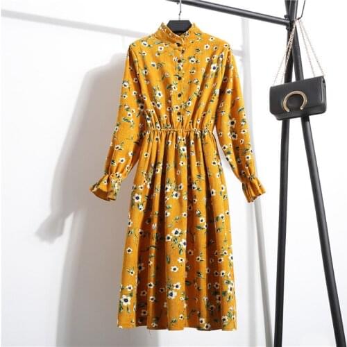 Nice Spring Autumn Vintage Ruffles Women Dress Long Sleeve Stand Collar Ladies Dress Floral Corduroy Female A-Line Midi Dresses