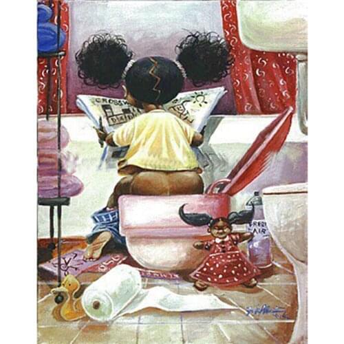 5D Full Square Round Diy Diamond Painting Cross Stitch Kit African Girl On The Toilet Bathroom Embroidery Home DecorationZP-4191