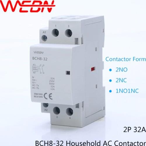 BCH8-32 Series 2P 32A Automatical AC Household Contactor 220V/230V 50/60Hz Contact 2NO/1NO+1NC/2NC Din Rail Modular Contactor