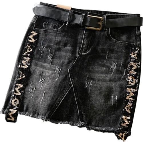 Denim skirt women spring black sequined new fashion package hip high waist step skirt a-line