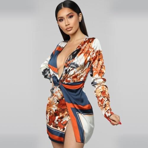Hirigin Autumn fashion Sexy Deep V Printed Floral Long Sleeve Split Mini Dress Women Sexy Elegant Party Nightclub Vestidos