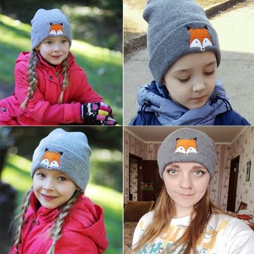 IMucci Cute Fox Winter Wool Hat Women Black Grey White Men Autumn Embroidery Kintted Cap Outdoor Warm Cotton Adult Casual Beret