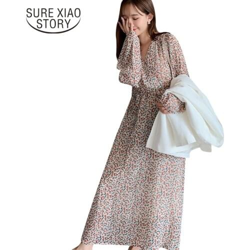Korean Long Sleeve Dress Fashion Lantern Sleeve Long Dress Maxi Dresses Autumn New V-neck Floral Chiffon Dress Female 7158 50