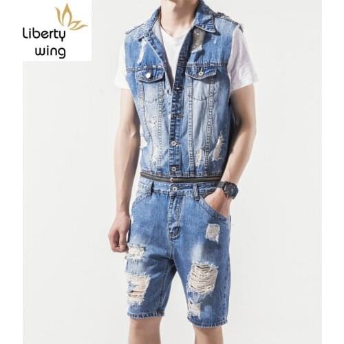 Summer Men Denim Hole Ripped Overalls Sleeveless Short Jumpsuit Fashion Jeans Male Single Breasted Shorts One Piece Romper