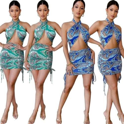 Summer New Womens Sexy Print Hollow Open Back Fold Two-Piece Suit