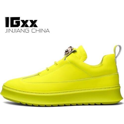 IGxx Casual Shoes For Men Glitter Punk Metal Casual Shoes Mens Flats Genuine Leather Travel Drive Shoes Men Elevator Gold