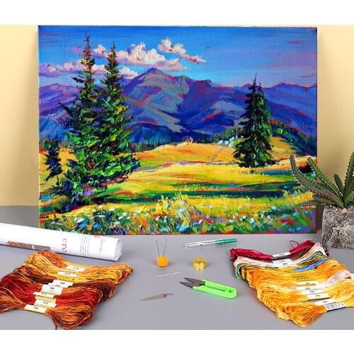 Landscape Summer Printed Water-Soluble Canvas 11CT Cross-Stitch DIY Embroidery Kit DMC Threads Knitting Handmade Magic
