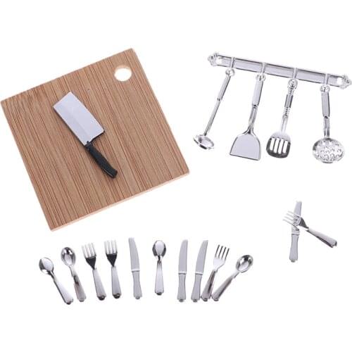 1 Set 1:12 Dollhouse Mini Kitchen Tool Set Kitchen Knife Chopping Board Fork Spoon Toy