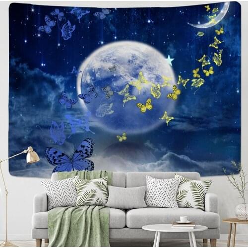 Moon Star Butterfly Tapestry Wall Hanging Night View Bohemian Hippie Carpet Gypsy Psychedelic Tapiz Magic Room Decor