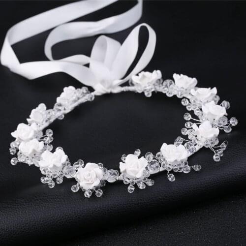 White Fabric Rose Flower Crown Head Wreath Ribbon Hairband Wedding Bride Headdress Beach Wedding Hair Accessories for Women Girl