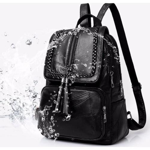European American Fringed Solid Color Backpack Women Black Travel Birthday Gift Simple Fashion Bag Zipper
