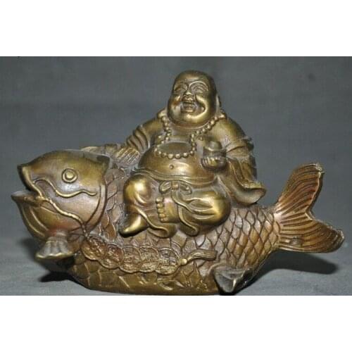 Old Chinese Buddhism Bronze Wealth money Fish Lucky Maitreya Buddha Statue