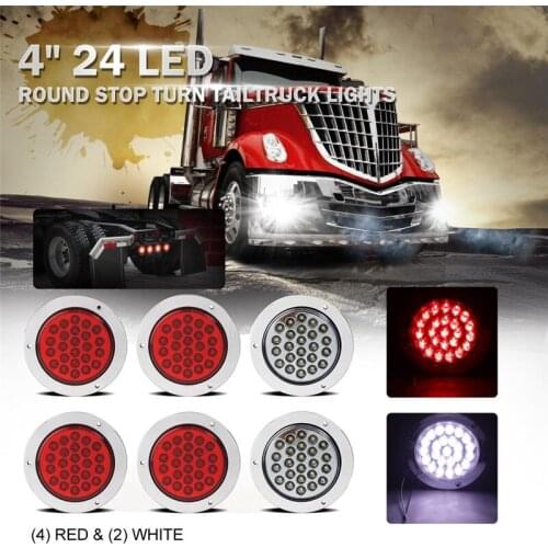 6 Pcs 12V 4 inch Round LED Amber White Taillights Stop Brake Running Reverse Backup Lamp for Trucks Trailers 4WD Caravans Boats