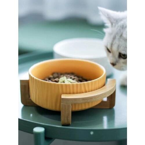 Neck protection Bowl Ceramic Bowl round dog bowl dog bowl cat bowl antiskid with wooden frame pet bowl creative pet appliance