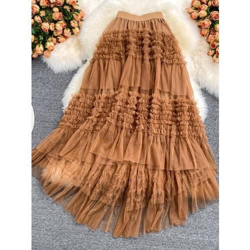 Black/Brown/Khaki Mesh Irregular Skirt Women Sweet High Waist Big Swing Midi Faldas Female Elegant Ruffle Saias Lady Summer New