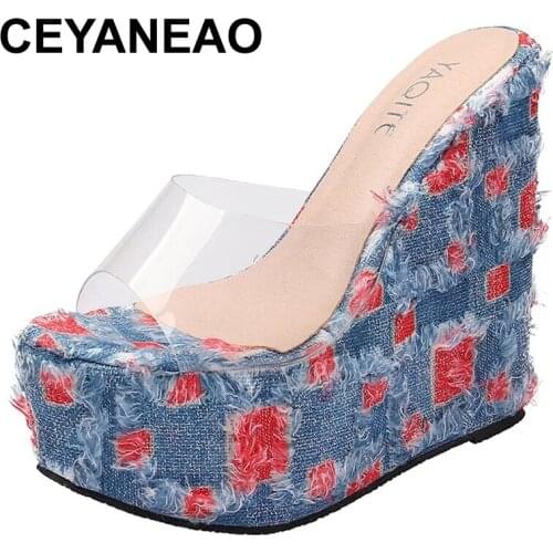 CEYANEAO Women Slipper Shoes Sexy Transparent Female Wedges Sandals Summer New Tidal Current With Holes Denim High-Heeled Shoes