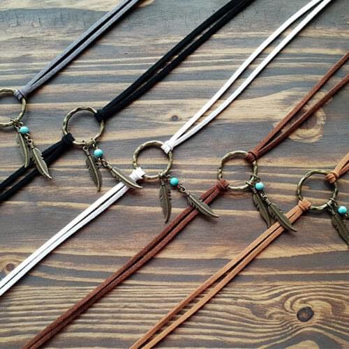 Fashion Vintage Alloy Feather Leather Choker Necklace for Women Antique Gold Circle Collar Female Boho Jewelry Mujer Collares