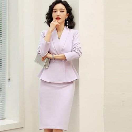 Latest New Autumn Spring Women OL Suit Skirt Set,Two Piece Long Sleeve Formal Defined Waist Paded Shoulders Suit Set,Light Pink
