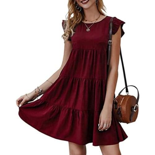 Summer Women Casual Loose Ruffles Folds Mini Dress 2021 Fashion O Neck Butterfly Sleeve Lady Solid Party Beach Dress Robe Femme