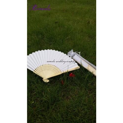 150pcs/Lot , New Arrived White wedding personalized hand fans with white organza Gift pouch Wedding&Party Favors