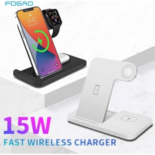 15W Fast Qi Induction Wireless Charger For iPhone 12 11 XS XR Samsung S21 S20 3 in 1 Charging Stand for Apple iWatch Airpods Pro