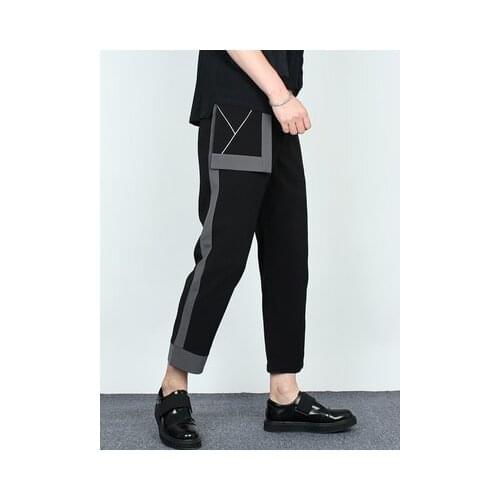 Dark color splicing nine-foot wide legs vertical feeling harem pants summer male fashion hairdresser casual pants