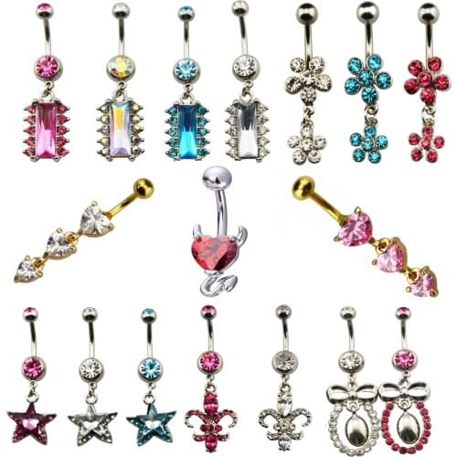 1pc Surgical steel Charming Dangling Flower Star Heart Navel Bar Belly Button Rings Piercing For Women Navel Body Jewelry 14g