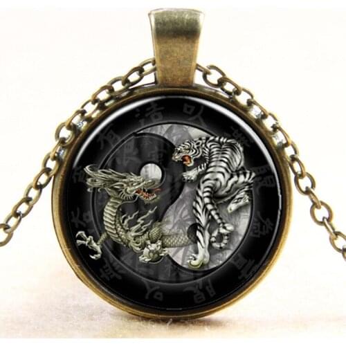 Brand New fashion China style Tai Chi dragon tiger Yin Yang retro glass pendant long chain necklace jewelry items for women men