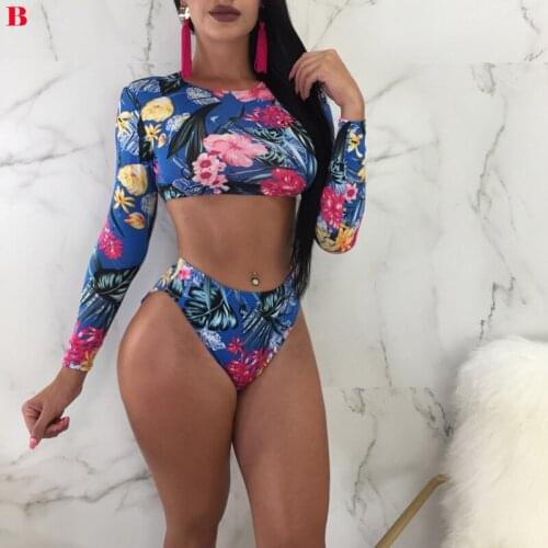 Summer Beachwear Female High Waist Swimsuits Bathing Swimwear Two Pieces Set Bikini Suits Women Sexy Printed Long Sleeve suit