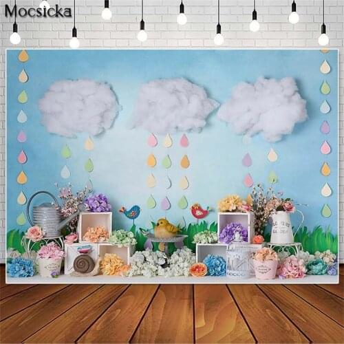 Mocsick Spring Garden Flowers Photography Backdrops Bird Cloud Decor 1st Birthday Cake Smash Photocall Background Photo Studio