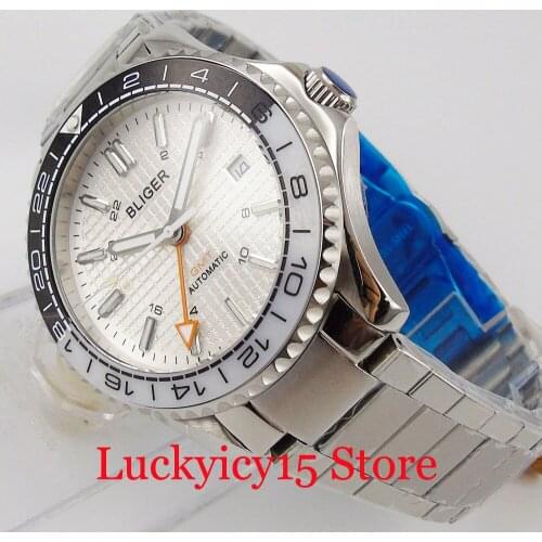 BLIGER Sapphire Glass Self Winding Men Wristwatch Automatic GMT Movement Stainless Steel Strap