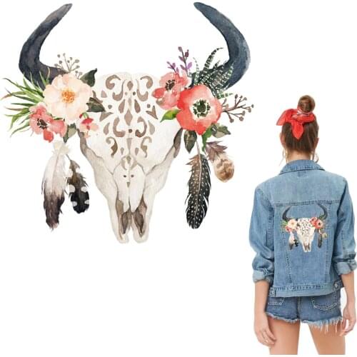 T shirt patch Diy cow skull flower 25cm pattern logo iron on patches for clothing transfer printing fashion clothes top stickers