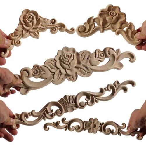 Unpainted Exquisite Classical Wood Decal Onlay Wood Applique Mouldings Floral Corner Wooden Furniture Decoration Accessories