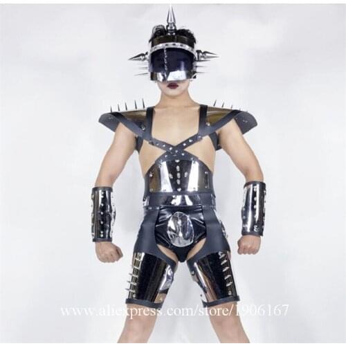 2019 Newest Rivet Mirror Armor Mirror Metal Men DS Ballroom Costume Dance Team Party Headwear DJ Stage Performance Clothes