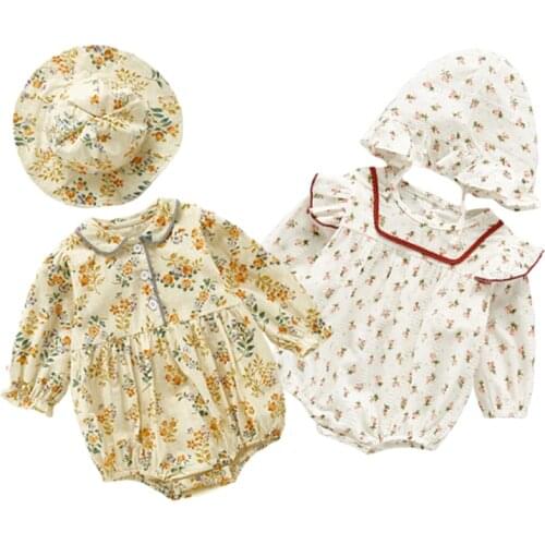 Autumn New Baby Girls Bodysuits Floral Infant Girl Clothes 0-3Y Baby Girls Jumpsuit Long Sleeve Bodysuit Wuth Hat Baby Outerwear