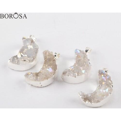 BOROSA Silver Color Druzy Crystal Moon Pendants Natural Agates Titanium AB Drusy Necklace Charm Women Jewelry Accessories S0388