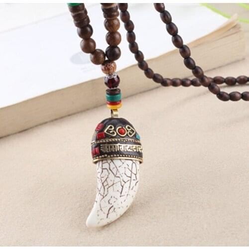 Retro Wooden Beads Necklace Ethnic Resin Ox Horn Pendant Long Buddha Beads Necklace Sweater Chain for Men or Women Wholesale