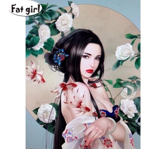 Retro cartoon beauty Diamond Painting Cross Stitch Square round Mosaic Embroidery Rhinestone Anime White Camellia Goldfish gift